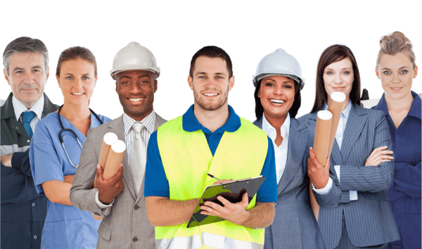 Group of workers dressed for construction, office work, healthcare & manufacturing  benefit from leadership assessments. 
